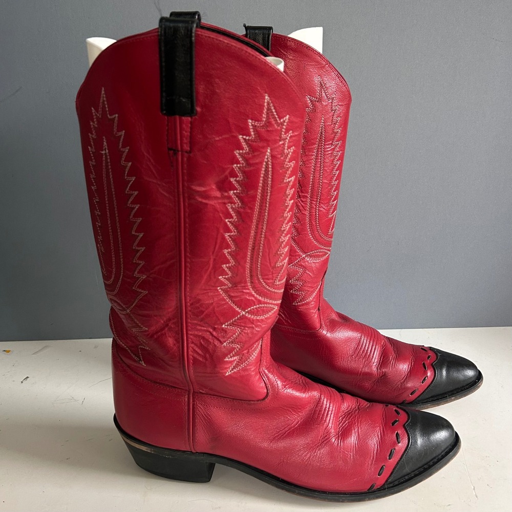 Old West Red Leather Western Cowboy Boots Men's 10 D Wingtip Pointed Toe Biker